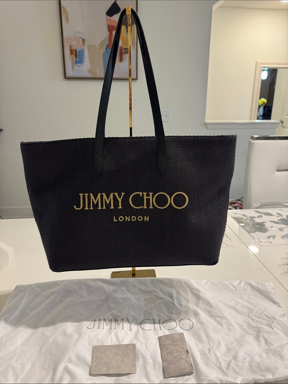 Jimmy Choo Black Raffia Logo Tote Bag